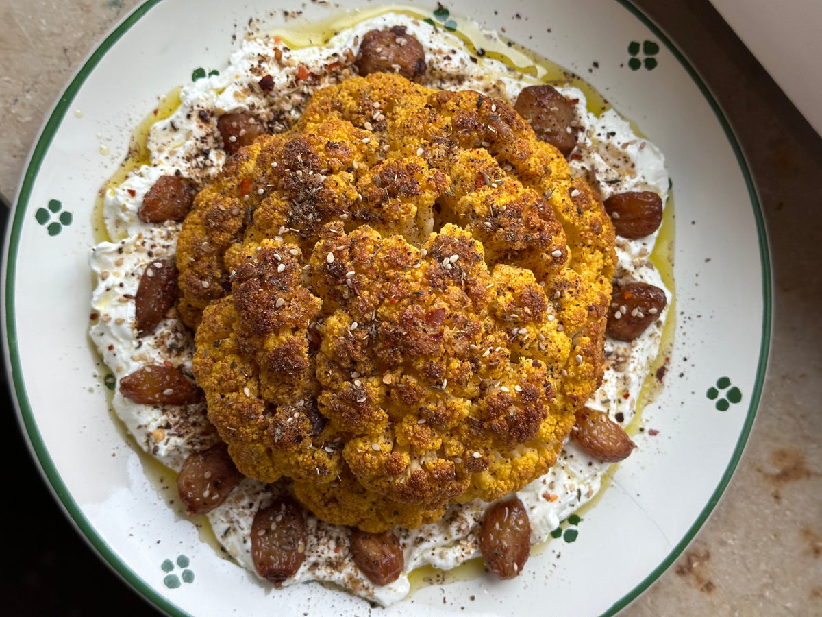 Whole Roasted Cauliflower with Labneh, Za'atar and Garlic Confit
